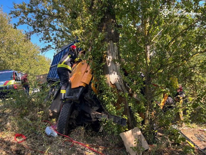 Вантажівка злетіла в кювет і розбилася об дерево: рятувальники врятували водія
